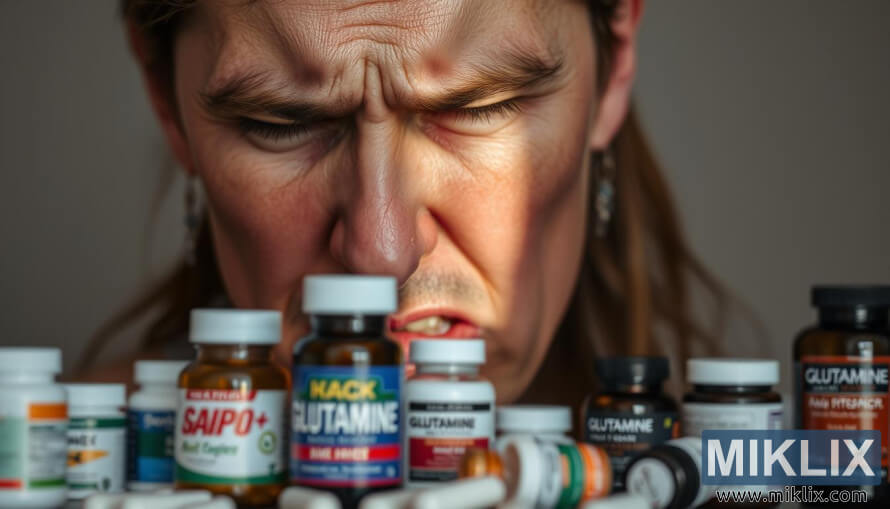 Primer plano de un rostro con expresiÃ³n de dolor, botellas de suplementos de glutamina borrosas en el fondo.
