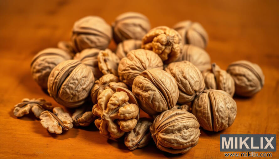 Sveži organski orehi v lupinah in polovicah na topli leseni površini pod mehko svetlobo. Sveži organski orehi v lupinah in polovicah na topli leseni površini pod mehko svetlobo.