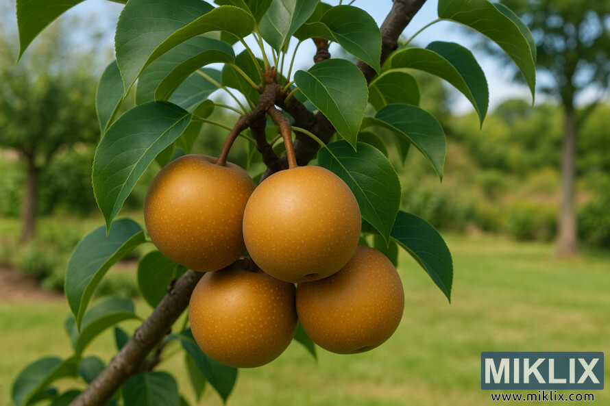 Close-up of four ripe Hosui Asian pears with golden-brown skins hanging in a cluster among green leaves.