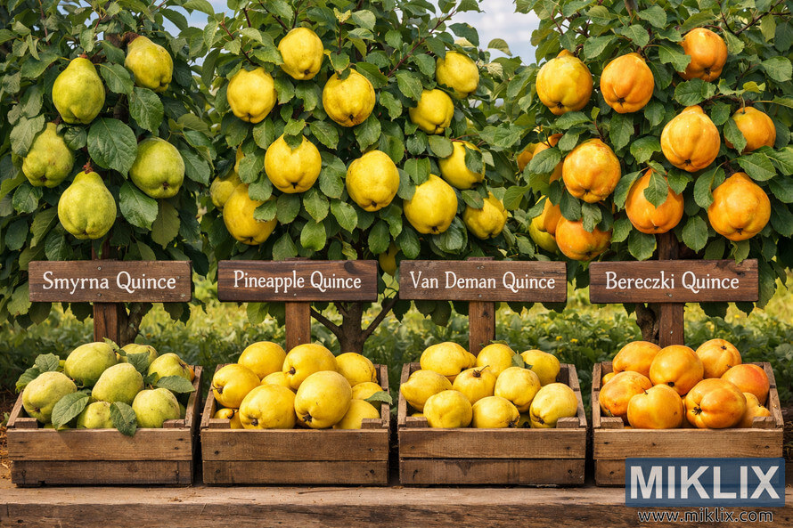 Four quince varieties growing side by side in an orchard with labeled wooden signs and crates of harvested fruit in front.
