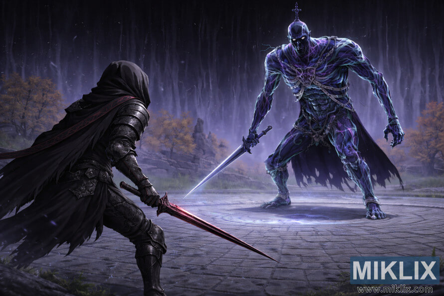 Eine Szene aus Elden Ring im Anime-Stil, die den Tarnished von hinten mit einem rot leuchtenden Schwert zeigt, der einem vergrÃ¶Ãerten, hoch aufragenden Bols, einem karischen Ritter, in Cuckoo's Evergaol gegenÃ¼bersteht.