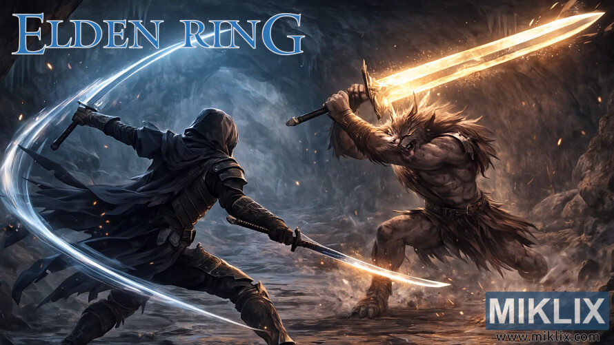 A Black Knife–armored warrior battles the Misbegotten Crusader inside the Cave of the Forlorn. A Black Knife–armored warrior battles the Misbegotten Crusader inside the Cave of the Forlorn.