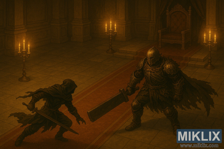 ဖယောင်းတိုင်ထွန်းထားသော ပလ္လင်ခန်းထဲတွင် Elemer of the Briar ကို ကျယ်ပြန့်သော ဓားကြီးဖြင့် ရင်ဆိုင်နေရသော Tarnished in Black Knife သံချပ်ကာ၏ Anime ပုံစံ ရုပ်ပုံ။