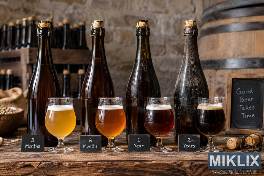 Four corked beer bottles and glasses show aging stages from 3 months to 2 years on a rustic cellar table.