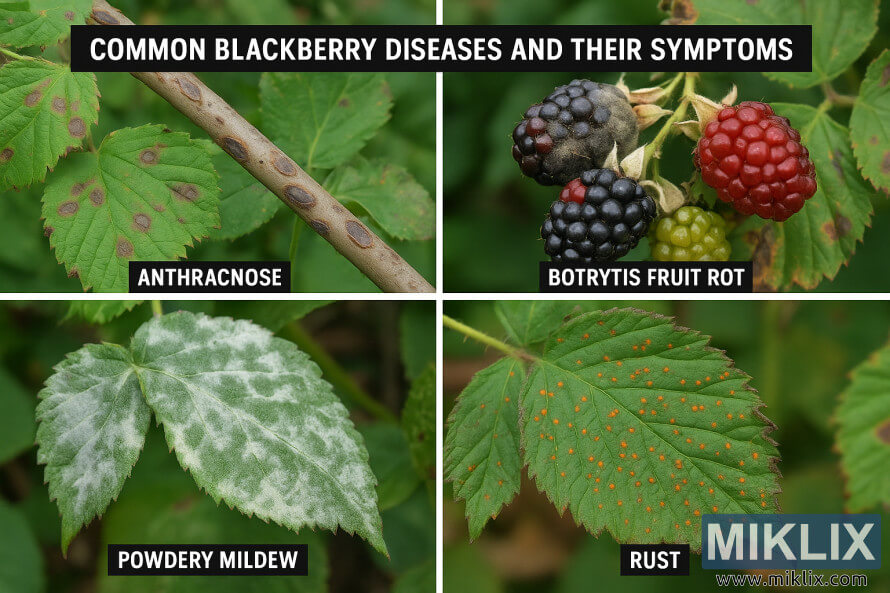 Pedagogisk kollasj som viser bjørnebærsykdommer, inkludert antraknose, botrytis, meldugg og rust, med synlige symptomer på blader, stilker og frukt.