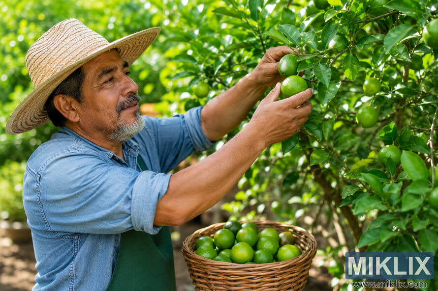 A gardener wearing a straw hat and blue work shirt carefully picks ripe green limes from a lush citrus tree while a wicker basket filled with freshly harvested limes rests nearby in a bright, sunlit orchard.