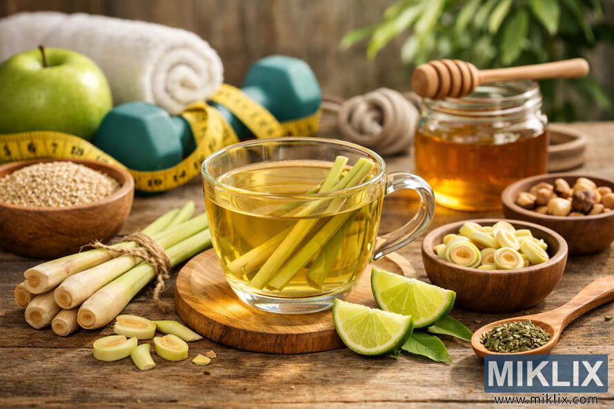 Landscape photo of a wellness scene featuring a steaming glass cup of golden-yellow lemongrass tea on a rustic wooden surface, surrounded by sliced lemongrass, lime wedges, a bowl of quinoa, a jar of honey with a wooden dipper, mixed nuts, a green apple, teal dumbbells with a yellow measuring tape, a rolled white towel, a coiled jump rope, and a small wooden spoon with dried herbs, all bathed in warm natural sunlight. Landscape photo of a wellness scene featuring a steaming glass cup of golden-yellow lemongrass tea on a rustic wooden surface, surrounded by sliced lemongrass, lime wedges, a bowl of quinoa, a jar of honey with a wooden dipper, mixed nuts, a green apple, teal dumbbells with a yellow measuring tape, a rolled white towel, a coiled jump rope, and a small wooden spoon with dried herbs, all bathed in warm natural sunlight.