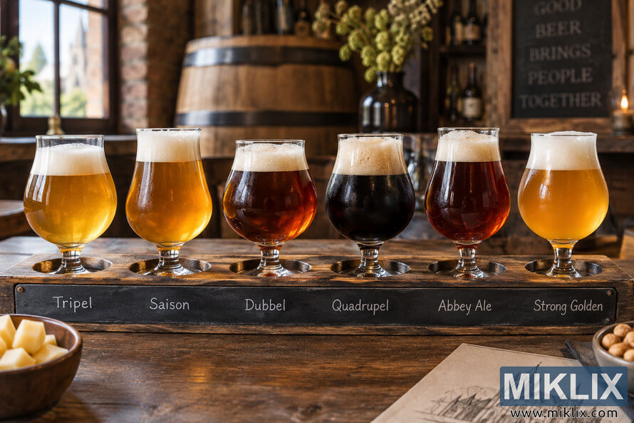 Six Belgian-style beers ranging from golden to nearly black in tulip glasses on a rustic wooden tasting flight labeled by style. Six Belgian-style beers ranging from golden to nearly black in tulip glasses on a rustic wooden tasting flight labeled by style.