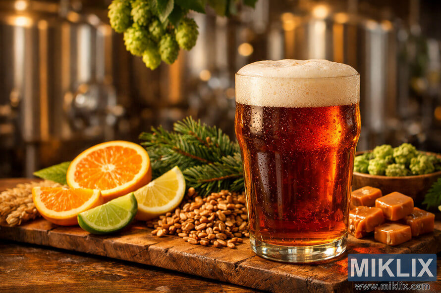 Amber beer in a clear glass with foamy head, surrounded by citrus, pine, caramel malts, and hops on a wooden board in a warm brewery setting.