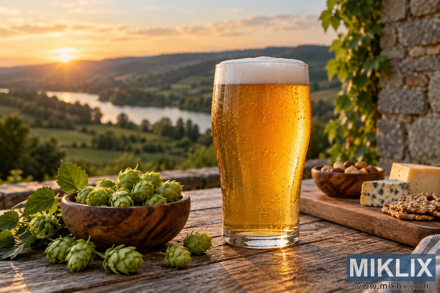 Cold golden beer with a foamy head and condensation on a rustic wooden table beside fresh green hop cones, cheese, crackers and nuts, overlooking a peaceful river valley at sunset. Cold golden beer with a foamy head and condensation on a rustic wooden table beside fresh green hop cones, cheese, crackers and nuts, overlooking a peaceful river valley at sunset.