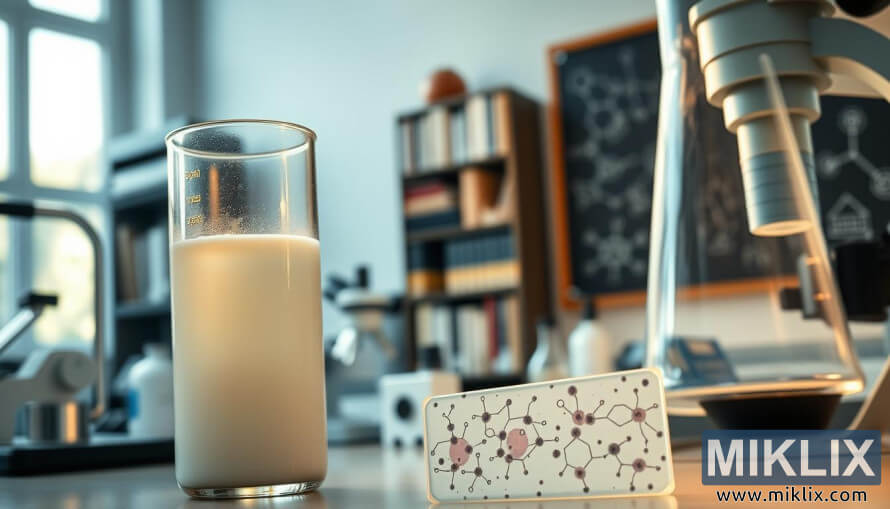 ÄaÅ¡a mlijeÄnog kefira u laboratoriji sa mikroskopskim ploÄicama i istraÅ¾ivaÄkim alatima.