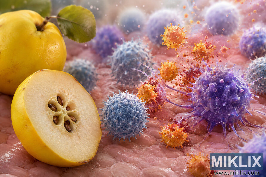 Highly detailed medical-style illustration showing immune system cells defending the human body beside a fresh quince fruit and sliced quince symbolizing vitamin C support, with colorful microscopic pathogens and immune activity in a vivid biological environment. Highly detailed medical-style illustration showing immune system cells defending the human body beside a fresh quince fruit and sliced quince symbolizing vitamin C support, with colorful microscopic pathogens and immune activity in a vivid biological environment.