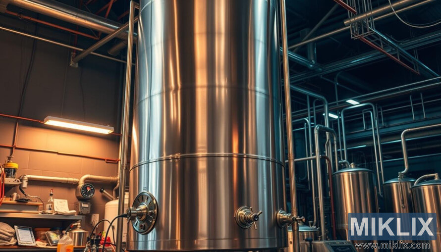 Malaking stainless steel fermenter na may mga balbula at port sa isang dimly lit commercial brewery.