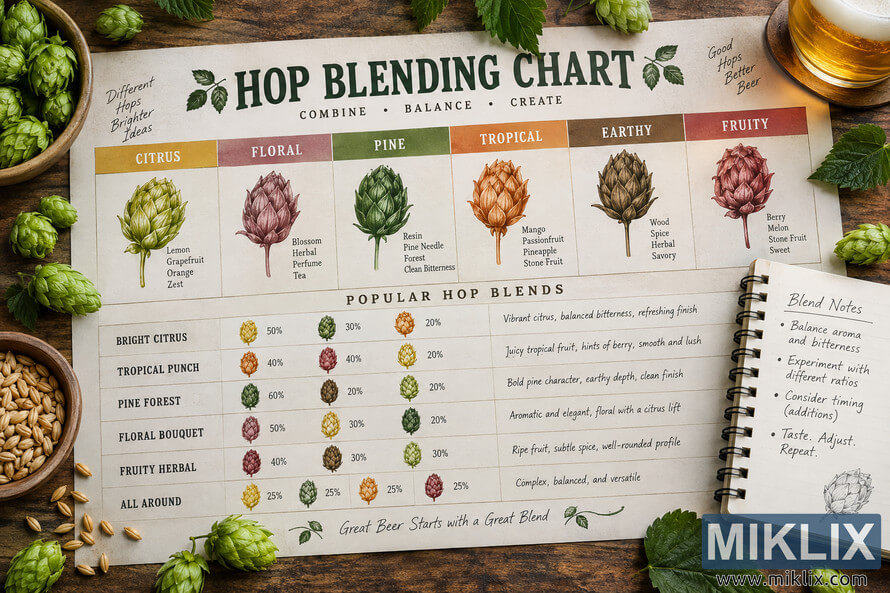 Landscape still life of a hop blending chart on a rustic wooden table, showing citrus, floral, pine, tropical, earthy, and fruity flavor profiles, blend ratios, handwritten brewing notes, fresh hop cones, malt grains, and a glass of golden beer. Landscape still life of a hop blending chart on a rustic wooden table, showing citrus, floral, pine, tropical, earthy, and fruity flavor profiles, blend ratios, handwritten brewing notes, fresh hop cones, malt grains, and a glass of golden beer.
