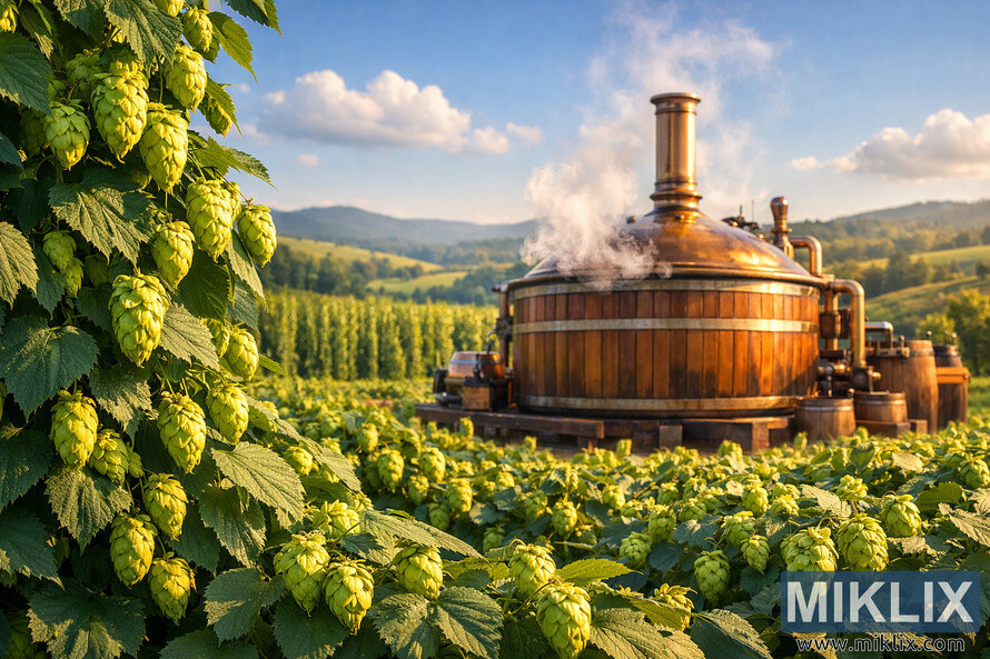 Lush green hop cones in the foreground with a steaming wooden brewing kettle set against rolling hills under a warm golden sunset sky.