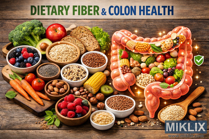 Landscape image showing a variety of high-fiber foods such as fruits, vegetables, whole grains, nuts, seeds, and legumes arranged on a rustic wooden surface. Landscape image showing a variety of high-fiber foods such as fruits, vegetables, whole grains, nuts, seeds, and legumes arranged on a rustic wooden surface.