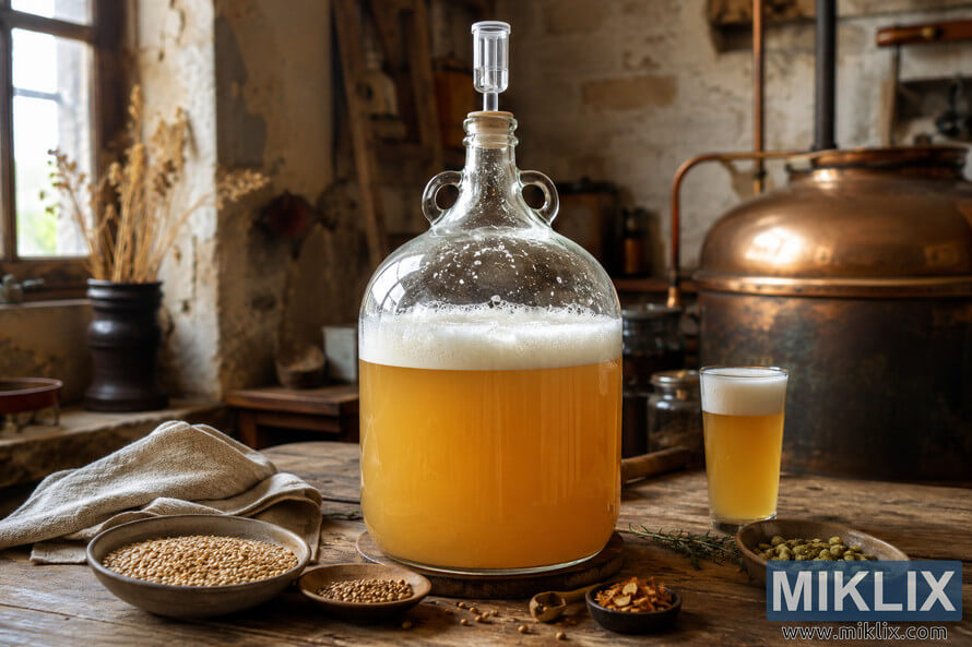 Landscape photograph of a Belgian-style witbier actively fermenting inside a clear glass carboy with an airlock on a rustic wooden table, surrounded by brewing grains, hop pellets, small bowls of ingredients, a linen cloth, a glass of hazy beer, and a traditional copper brewing kettle in a warmly lit rustic homebrewing setting.