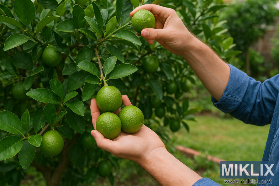 Person harvesting ripe limes from a mature lime tree in a lush home garden