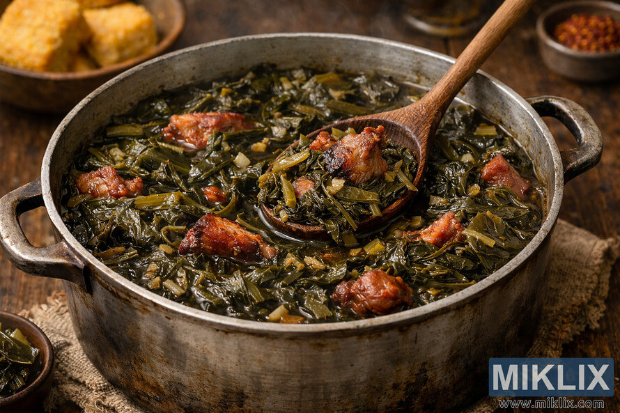 A close-up photograph of a rustic metal pot filled with slow-cooked collard greens and smoked meat pieces, with a wooden spoon lifting a serving from the pot.