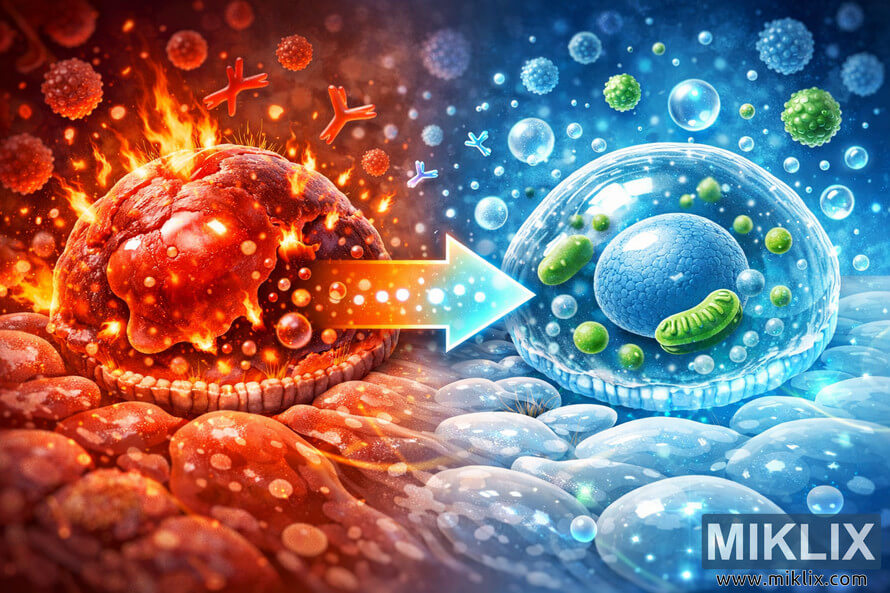 Digital illustration showing inflammation reduction at the cellular level, transitioning from inflamed red cells to healthy blue cells with molecular healing effects.
