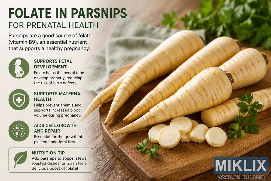 Landscape infographic about prenatal nutrition showing fresh parsnips on a wooden cutting board beside educational text explaining the benefits of folate for fetal development, maternal health, cell growth, and healthy pregnancy, with a nutrition tip for incorporating parsnips into meals. Landscape infographic about prenatal nutrition showing fresh parsnips on a wooden cutting board beside educational text explaining the benefits of folate for fetal development, maternal health, cell growth, and healthy pregnancy, with a nutrition tip for incorporating parsnips into meals.