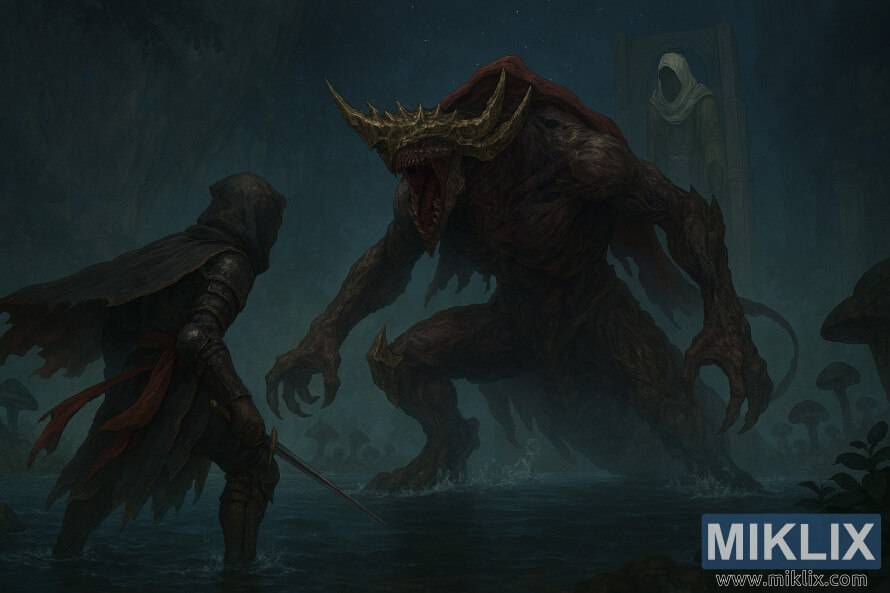 HÃ¡lf-raunsÃ¦ fantasÃ­umynd af Tarnished in Black Knife brynjunni sem stendur frammi fyrir Dragonkin Soldier yfirmanninum Ã­ Siofra Ã¡nni Ã­ Elden Ring.