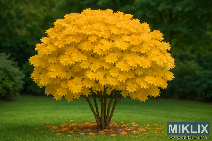 Ãrable de pleine lune avec canopÃ©e dorÃ©e arrondie et larges feuilles dans le jardin dâautomne.