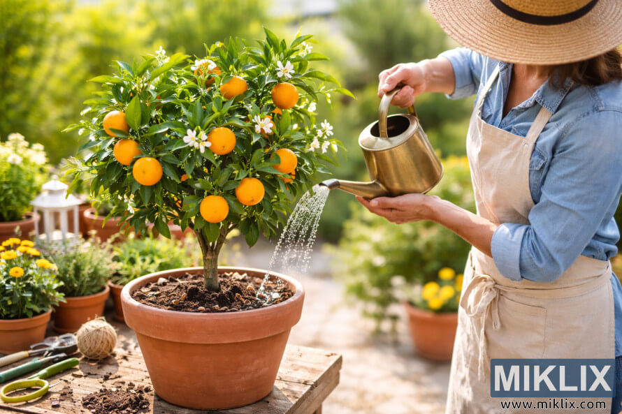 Person gently watering a potted orange tree on a sunny patio