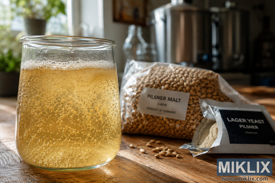 Close-up of a bubbling Pilsner lager yeast starter in a glass vessel on a wooden table with malt grain, yeast packets, and blurred home brewing equipment in the background. Close-up of a bubbling Pilsner lager yeast starter in a glass vessel on a wooden table with malt grain, yeast packets, and blurred home brewing equipment in the background.