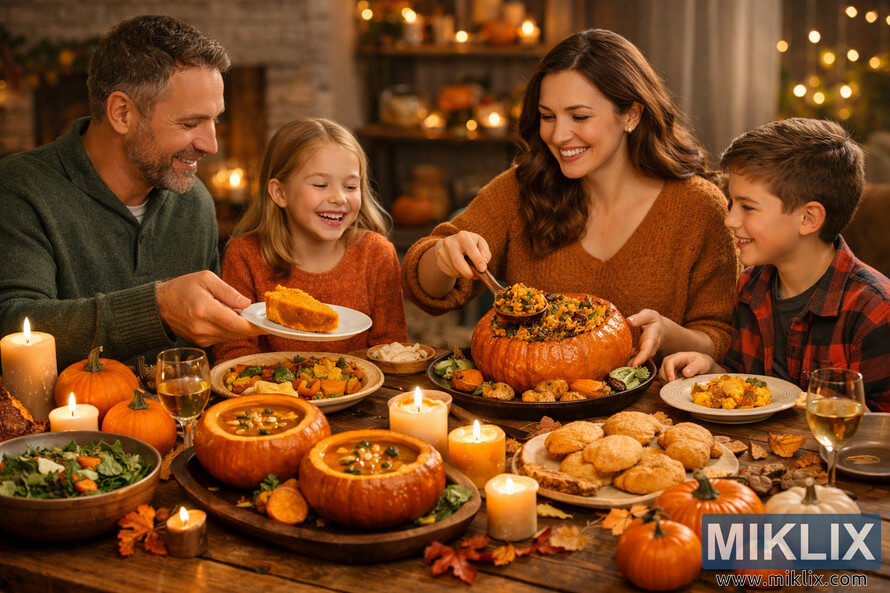 A family of four enjoying a cozy autumn dinner centered around pumpkin dishes at a rustic wooden table.
