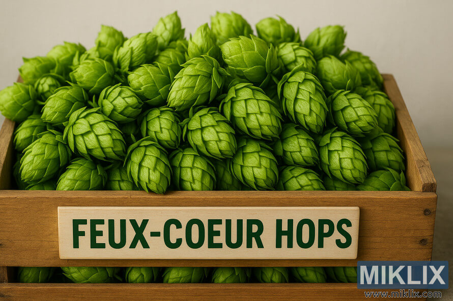 Neytral fonda canlÄ±, tÉzÉ yÄ±ÄÄ±lmÄ±Å Feux-Coeur hop konuslarÄ± ilÉ doldurulmuÅ taxta sandÄ±q.