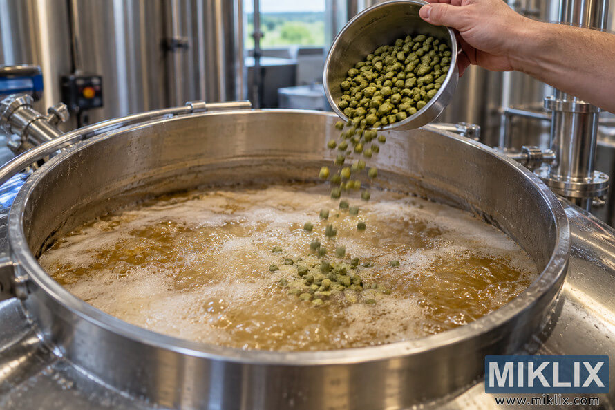 Close-up of green hop pellets being poured from a stainless-steel bowl into a large brewery vessel filled with actively bubbling golden liquid and foam.