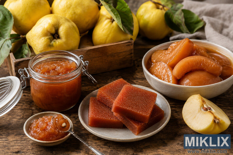 A rustic food scene featuring various quince preparations including quince jam in a glass jar, sliced quince paste on a ceramic plate, and cooked quince fruit in a bowl, surrounded by fresh yellow quinces on a weathered wooden table in warm natural light. A rustic food scene featuring various quince preparations including quince jam in a glass jar, sliced quince paste on a ceramic plate, and cooked quince fruit in a bowl, surrounded by fresh yellow quinces on a weathered wooden table in warm natural light.