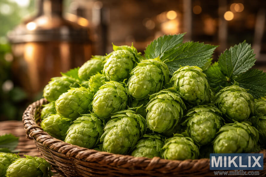 Close-up of vibrant green Sonnet hops with dew in a shallow wicker basket, set against a softly blurred brewery background with warm golden bokeh lighting.