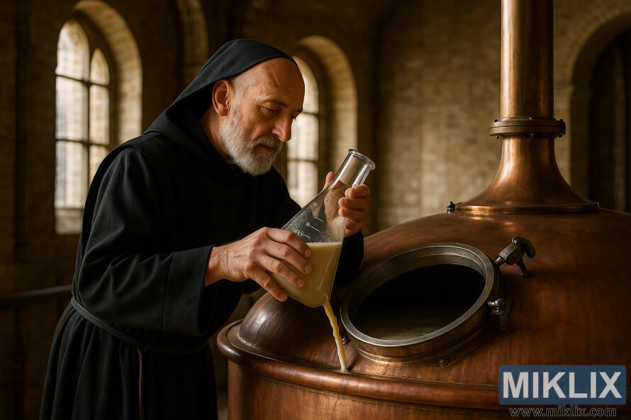 An elderly monk in black robes pours liquid yeast into a copper fermentation tank inside a historic Belgian abbey brewery, lit by arched windows. An elderly monk in black robes pours liquid yeast into a copper fermentation tank inside a historic Belgian abbey brewery, lit by arched windows.