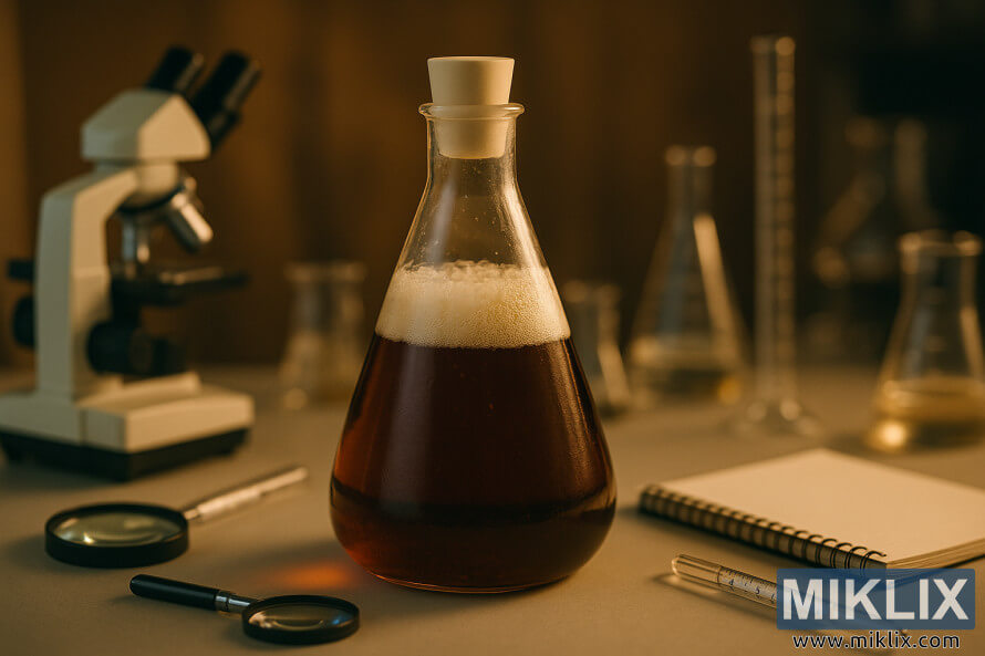 Glass flask filled with dark amber Belgian ale and foam, surrounded by a microscope, hydrometer, magnifying glass, and notebook under warm golden lighting.