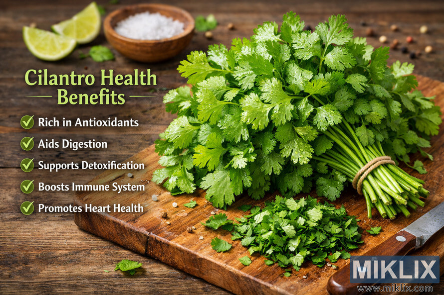 Landscape photo of fresh cilantro on a rustic wooden cutting board, with a large bunch of vibrant green leaves and water droplets in sharp focus on the right side. Below the bunch is a small pile of chopped cilantro next to a stainless steel knife with a wooden handle. On the left side of the image, a bold green title reads "Cilantro Health Benefits" above a list of five bullet points with green checkmarks: Rich in Antioxidants, Aids Digestion, Supports Detoxification, Boosts Immune System, and Promotes Heart Health. In the softly blurred background, lime wedges, a small wooden bowl of coarse salt, and scattered peppercorns complete the natural, healthy kitchen scene. Landscape photo of fresh cilantro on a rustic wooden cutting board, with a large bunch of vibrant green leaves and water droplets in sharp focus on the right side. Below the bunch is a small pile of chopped cilantro next to a stainless steel knife with a wooden handle. On the left side of the image, a bold green title reads "Cilantro Health Benefits" above a list of five bullet points with green checkmarks: Rich in Antioxidants, Aids Digestion, Supports Detoxification, Boosts Immune System, and Promotes Heart Health. In the softly blurred background, lime wedges, a small wooden bowl of coarse salt, and scattered peppercorns complete the natural, healthy kitchen scene.