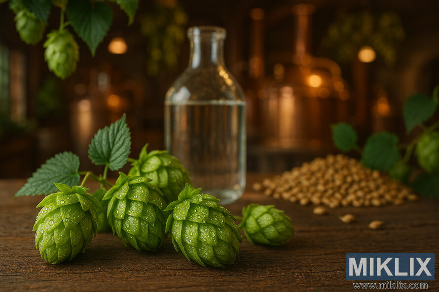 Primer plano de lÃºpulos Sladek cubiertos de rocÃ­o con equipos de elaboraciÃ³n y calderas de cobre en un acogedor entorno de cervecerÃ­a.