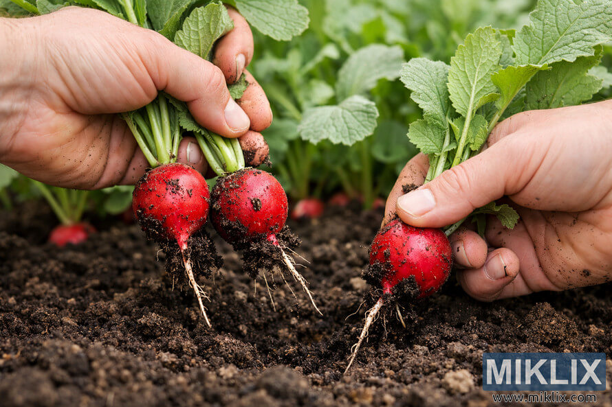 Close-up of hands pulling bright red radishes from dark soil in a garden bed