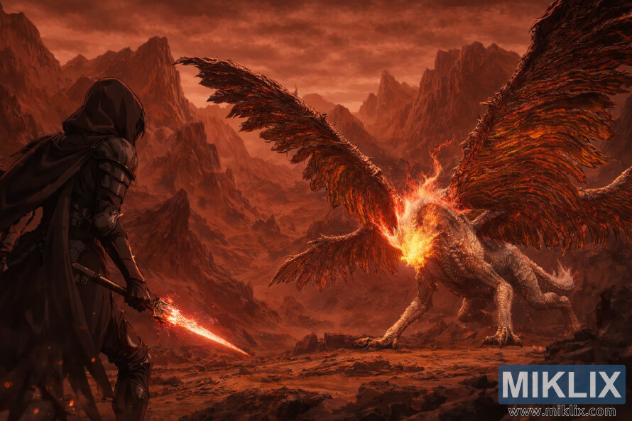 Fan art de style anime montrant l'armure Tarnished in Black Knife face à l'Ancien Dragon Senessax sur un pic montagneux volcanique brun rougeâtre juste avant le combat. Fan art de style anime montrant l'armure Tarnished in Black Knife face à l'Ancien Dragon Senessax sur un pic montagneux volcanique brun rougeâtre juste avant le combat.