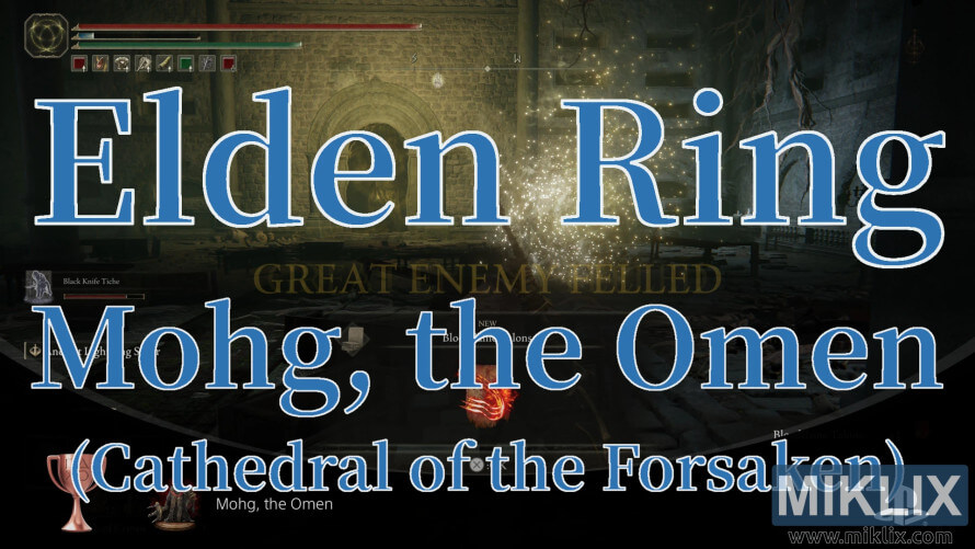 Screenshot from Elden Ring showing the defeat of Mohg, the Omen in the Cathedral of the Forsaken with “GREAT ENEMY FELLED” displayed. Screenshot from Elden Ring showing the defeat of Mohg, the Omen in the Cathedral of the Forsaken with “GREAT ENEMY FELLED” displayed.