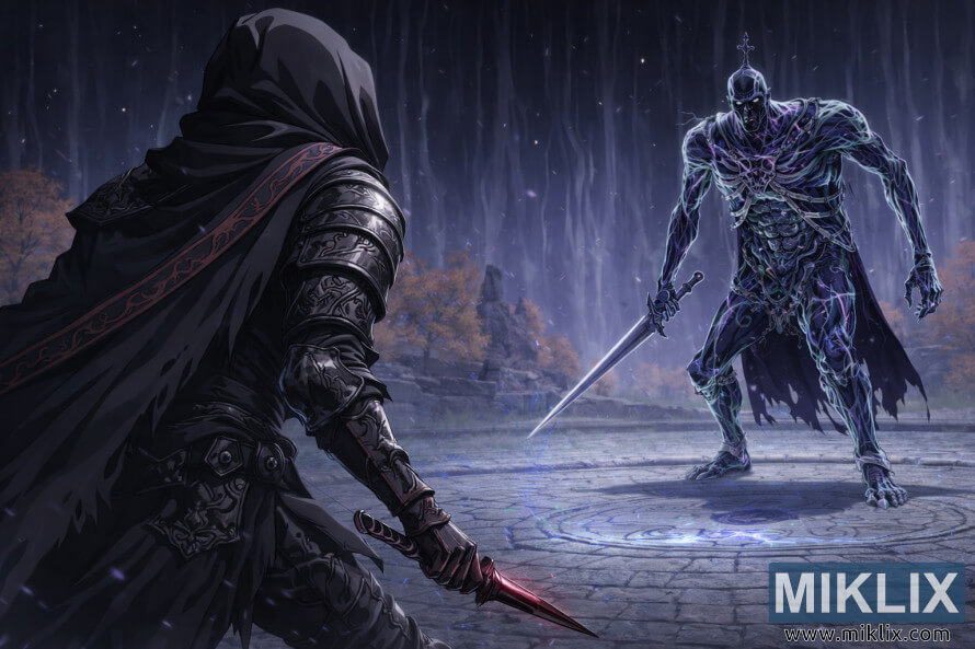 Fan-Art im Anime-Stil zu Elden Ring, die den Tarnished in Black Knife-RÃ¼stung von hinten zeigt, wie er Bols, den Carian Knight, in einer angespannten Konfrontation in Cuckoo's Evergaol gegenÃ¼bersteht.