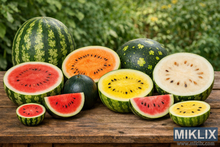Assortment of different watermelon varieties on a wooden table showing contrasting sizes and flesh colors including red, orange, yellow, and white. Assortment of different watermelon varieties on a wooden table showing contrasting sizes and flesh colors including red, orange, yellow, and white.