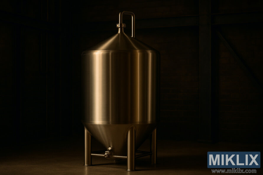 Blistavi rezervoar za fermentaciju od nerÄajuÄeg Äelika u slabo osvetljenom okruženju industrijske pivare. Blistavi rezervoar za fermentaciju od nerÄajuÄeg Äelika u slabo osvetljenom okruženju industrijske pivare.