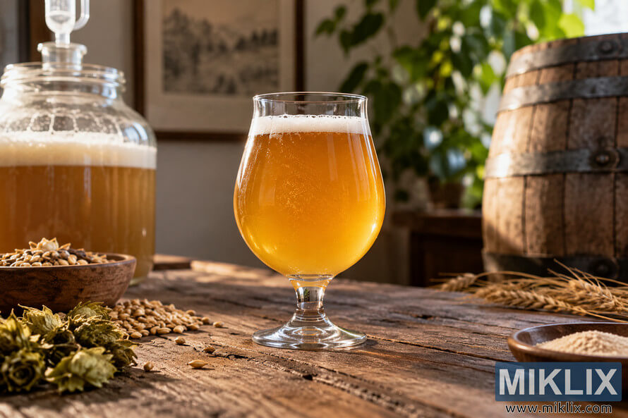 Golden homebrewed beer in a stemmed glass on a rustic wooden table with hops, grains, a fermenter, and a wooden barrel. Golden homebrewed beer in a stemmed glass on a rustic wooden table with hops, grains, a fermenter, and a wooden barrel.