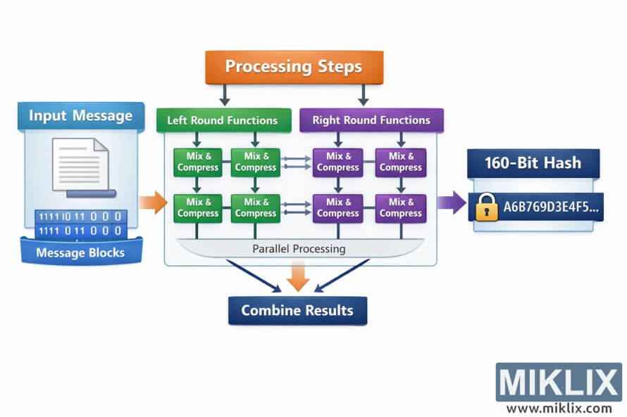 ஒரு உள்ளீட்டுச் செய்தி எவ்வாறு முன் செயலாக்கம் செய்யப்படுகிறது, இணையான செயலாக்கப் பாதைகளாகப் பிரிக்கப்படுகிறது, சுற்றுகள் வழியாக மாற்றப்படுகிறது மற்றும் 160-பிட் ஹாஷ் வெளியீட்டில் இணைக்கப்படுகிறது என்பதைக் காட்டும் நிலத்தோற்ற விளக்கப்படம்.