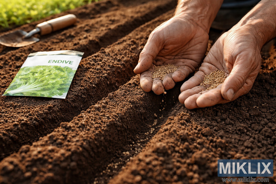Close-up of hands planting endive seeds into freshly prepared garden rows with a seed packet and trowel nearby.