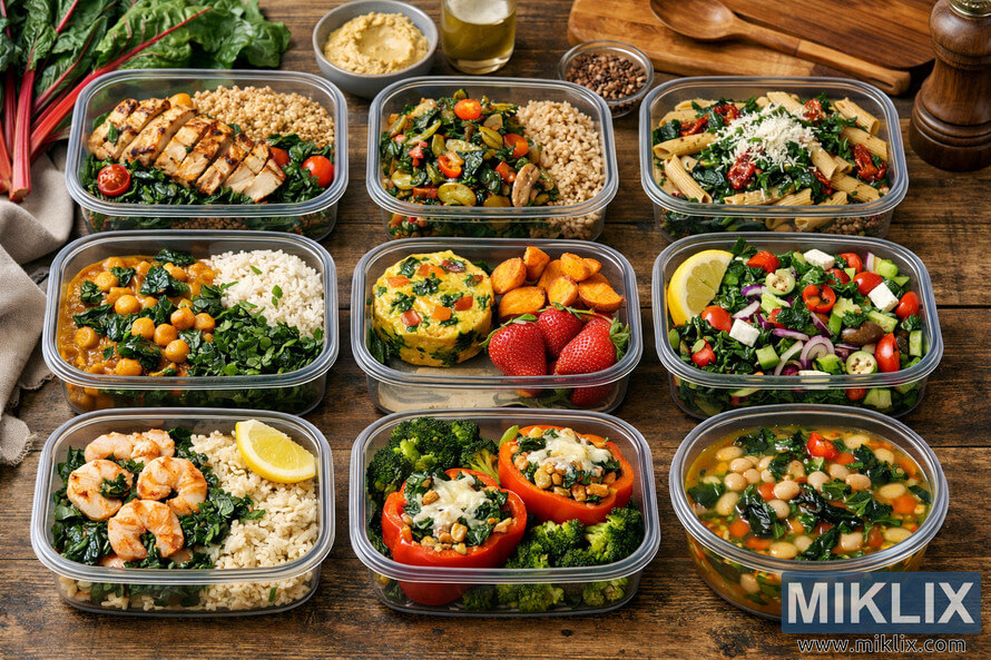 Weekly meal prep containers arranged on a wooden surface, featuring various dishes made with Swiss chard, including chicken, pasta, curry, salad, shrimp, stuffed peppers, and soup. Weekly meal prep containers arranged on a wooden surface, featuring various dishes made with Swiss chard, including chicken, pasta, curry, salad, shrimp, stuffed peppers, and soup.