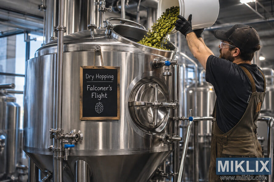 Brewer in protective workwear pours green hops from an unbranded white bucket into the open hatch of a large stainless-steel fermentation vessel inside a modern craft brewery. Brewer in protective workwear pours green hops from an unbranded white bucket into the open hatch of a large stainless-steel fermentation vessel inside a modern craft brewery.