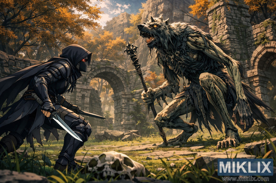 FanÃºÅ¡ikovskÃ© umenie v Å¡tÃ½le anime, na ktorom je Äierny nÃ´Å¾ v brnenÃ­ Tarnished tvÃ¡rou v tvÃ¡r bossovi Demi-Human Queen v zarastenÃ½ch kamennÃ½ch ruinÃ¡ch tesne pred zaÄiatkom boja.